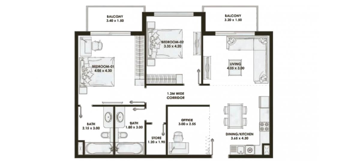 Планировка апартаментов «106sqm» 2 спальни в ЖК PEARLZ