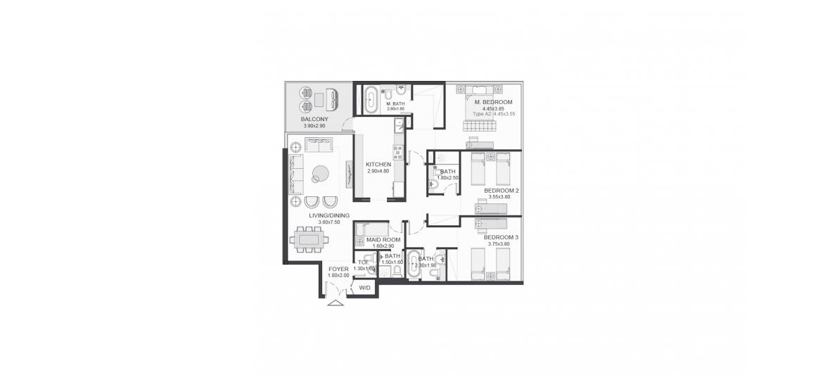 Планировка апартаментов «164SQM» 3 спальни в ЖК TRIA