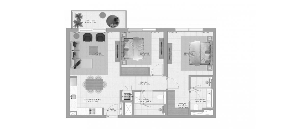 Планировка апартаментов «CLUB DRIVE TWO-BEDROOM-TYPE-3A-1-100M» 3 комнаты в ЖК CLUB DRIVE