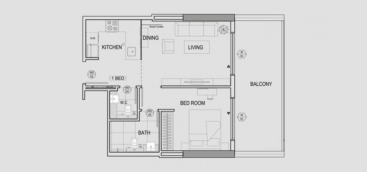 Apartment floor plan «1BR», 1 bedroom in BINGHATTI CANAL
