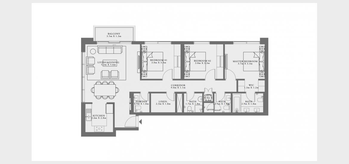 Apartment floor plan «3-1C», 3 bedrooms in LIME GARDENS