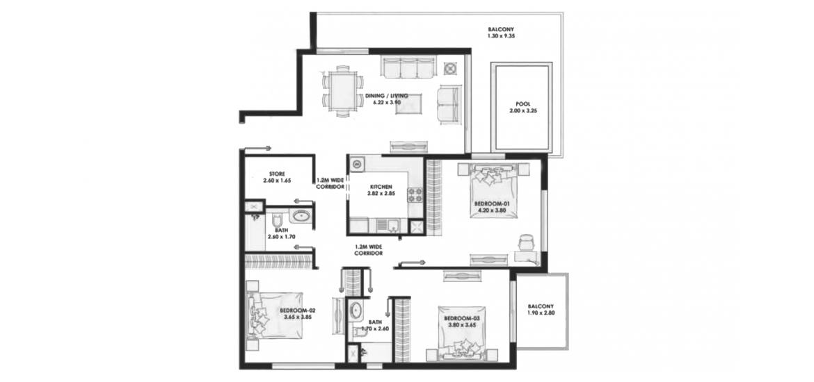Apartment floor plan «154sqm», 3 bedrooms in PEARLZ