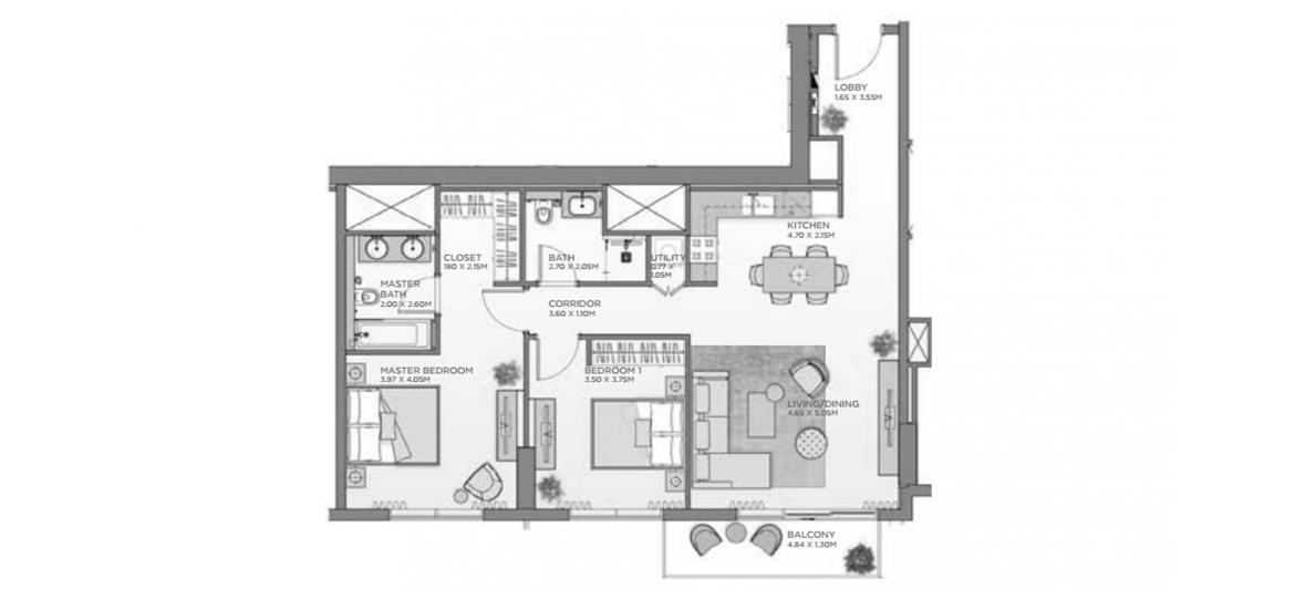 Apartment floor plan «105SQM D1», 2 bedrooms in CASTLETON