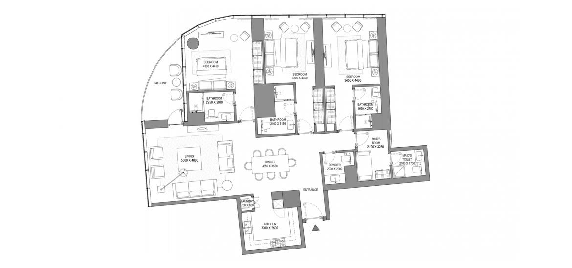 Apartment floor plan «3BR TYPE B», 3 bedrooms in SOBHA SEAHAVEN