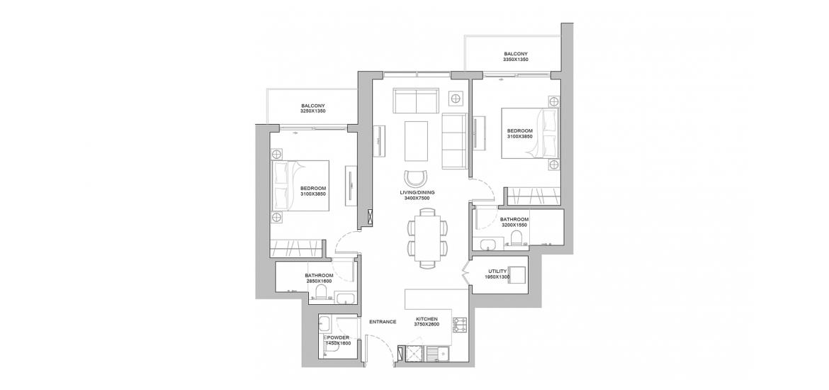 Apartment floor plan «2 BEDROOM TYPE B 101 Sq.m», 2 bedrooms in 320 RIVERSIDE CRESCENT