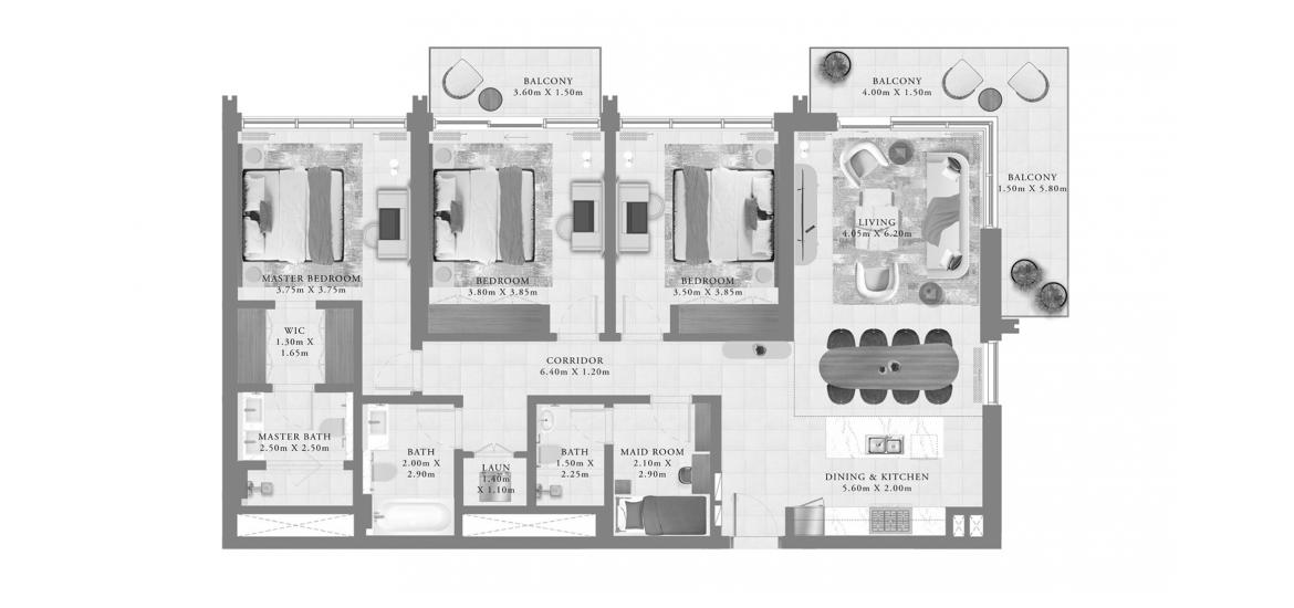 Apartment floor plan «AEON THREE-BEDROOMS-165M», 3 bedrooms in AEON