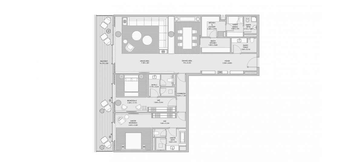 Apartment floor plan «ARMANI BEACH RESIDENCES TWO-BEDROOMS-247M», 2 bedrooms in ARMANI BEACH RESIDENCES