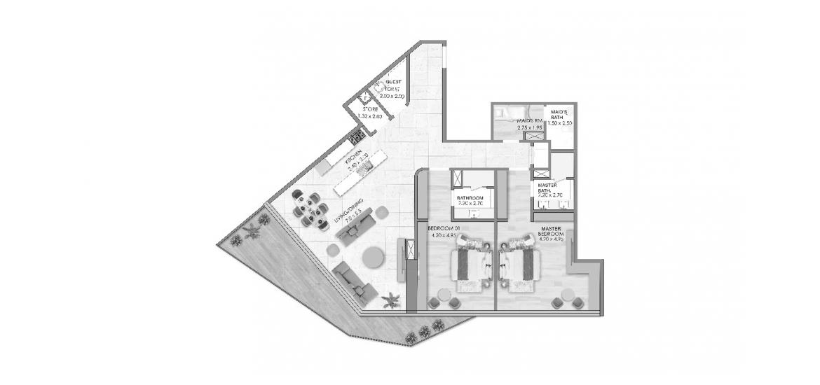 Apartment floor plan «HABTOOR GRAND RESIDENCES TWO-BEDROOMS-TYPE-C-193M», 2 bedrooms in HABTOOR GRAND RESIDENCES